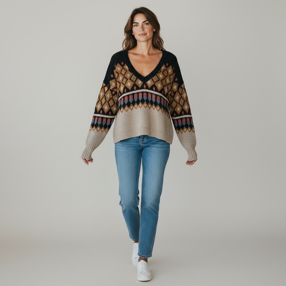 Gimmicks Women Southwestern Geometric Fair‎ Isle V-Neck Sweater Black Tan
